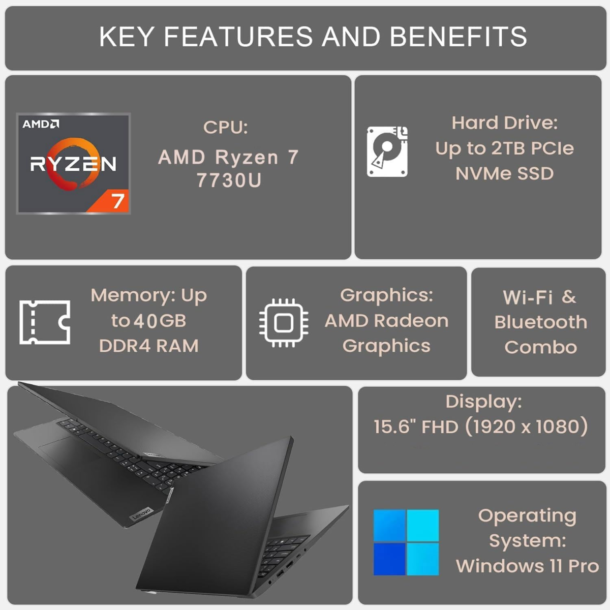 V-Series V15 Business Laptop, 15.6" FHD Display, AMD Ryzen 7 7730U, 40GB RAM, 1TB SSD, Numeric Keypad, HDMI, RJ45, Webcam, Wi-Fi, Windows 11 Pro, Black - Image 4