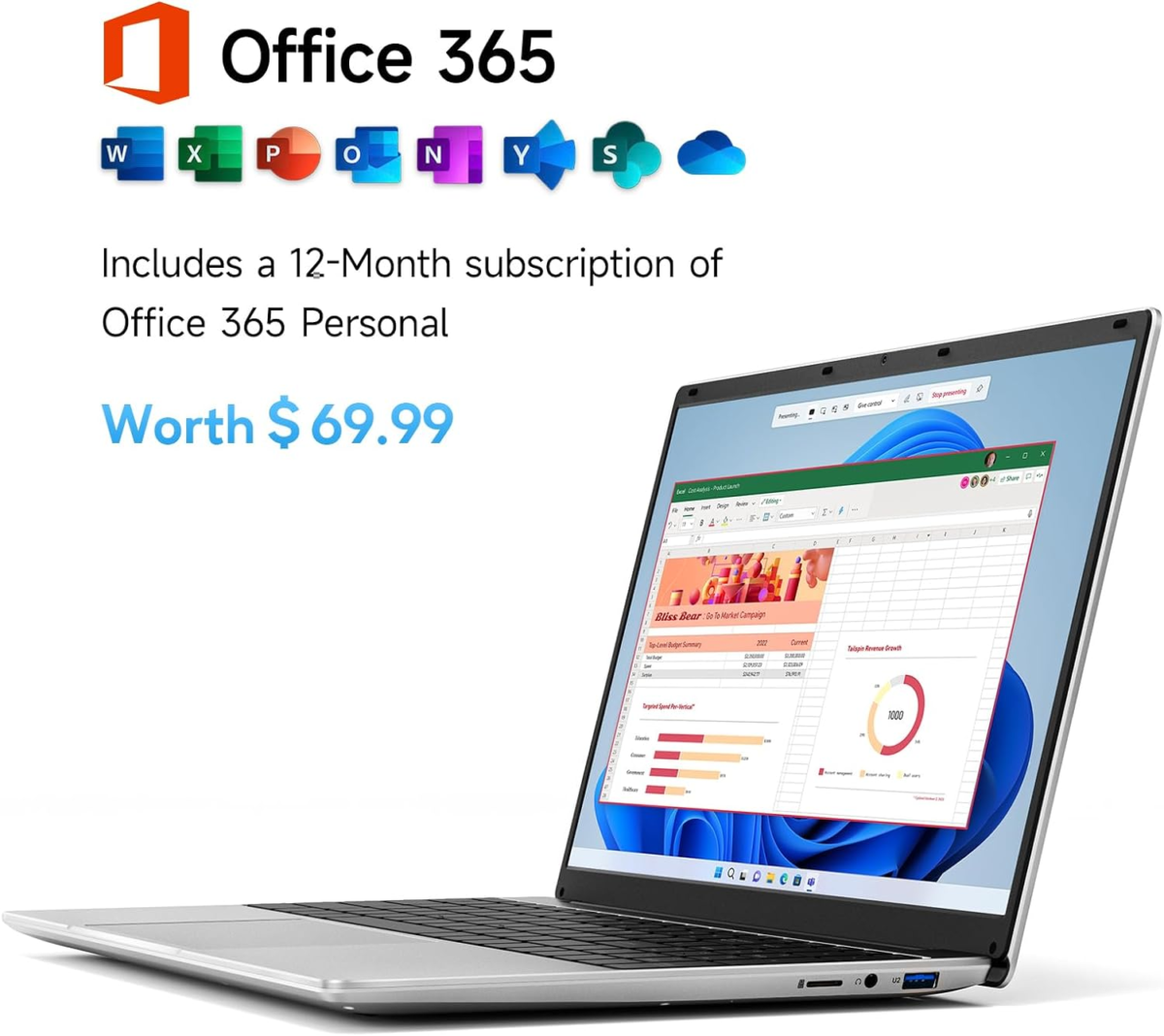 15.6 Inch Laptop with Office 365, 4GB RAM, 128GB Storage Expandable 1TB, 5205U Processor, HD Display, Windows 11 Laptops Computer, Wi-Fi 5, BT4.2, Numpad, Type-C, for Business and Students. - Image 3