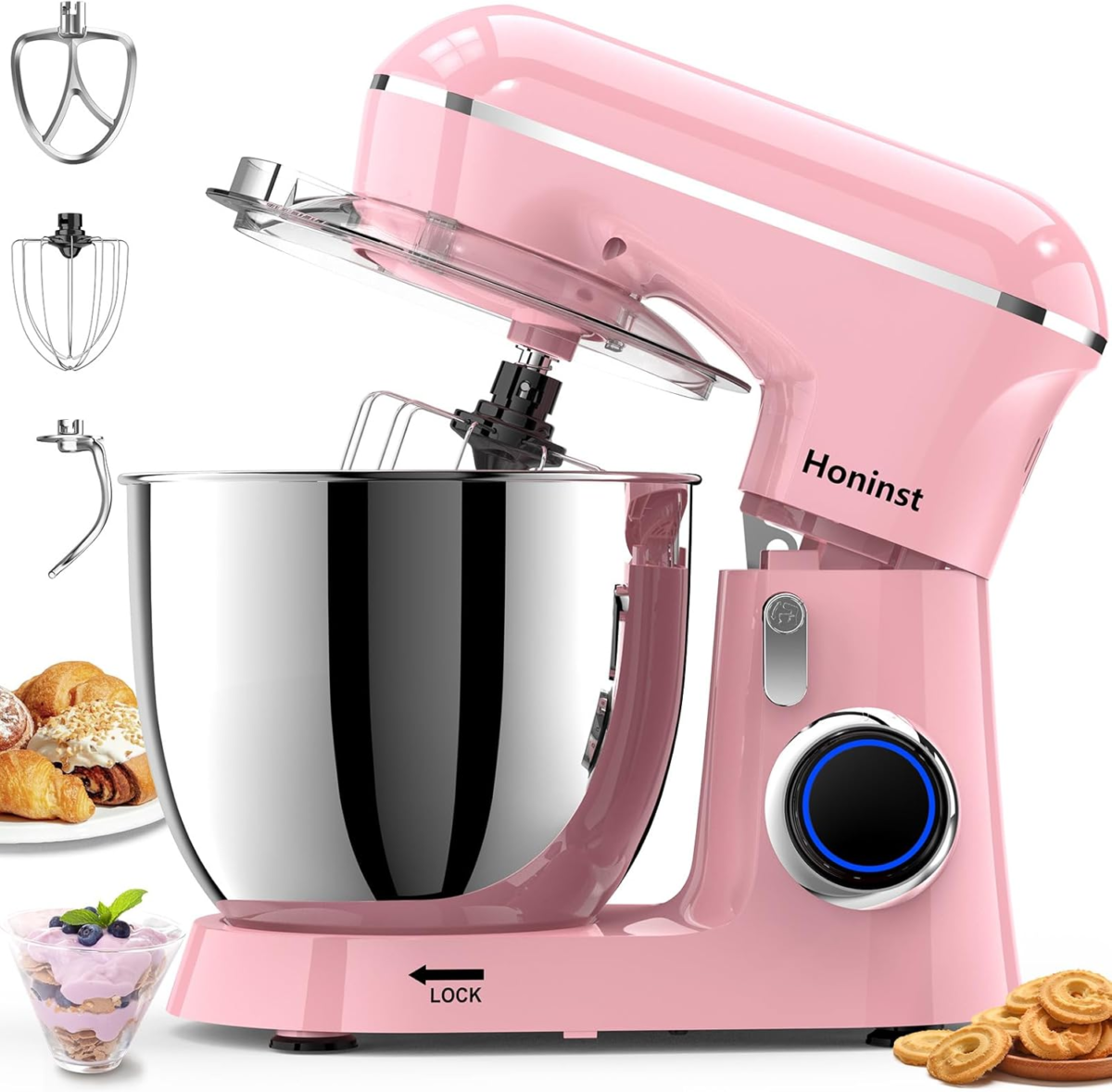 Stand Mixer, 6.5QT 10-Speed Tilt-Head Electric Stand Mixer, 3-In-1 Kitchen Mixer with Bowl, Dough Hook, Whisk and Beater, Food Mixer for Baking, Cake and Most Home Cooks, Pink - Image 1