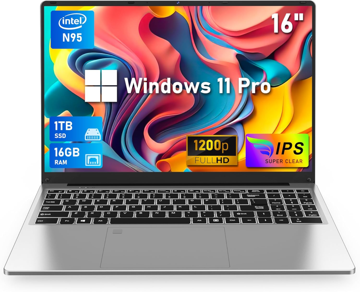 16 Inch Laptop Computer, Gaming Laptop, 16GB RAM 1TB SSD, N95 Processor, FHD 1920 * 1200, 180 Angle Open, Backlit Keyboard, Windows 11 Pro, Fingerprint Unlock, Wifi 5, BT 4.2 - Image 1