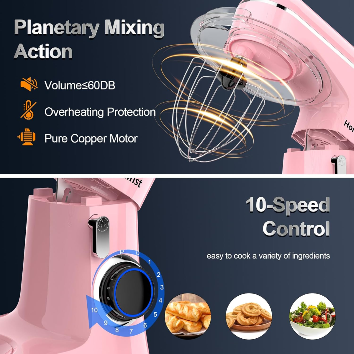 Stand Mixer, 6.5QT 10-Speed Tilt-Head Electric Stand Mixer, 3-In-1 Kitchen Mixer with Bowl, Dough Hook, Whisk and Beater, Food Mixer for Baking, Cake and Most Home Cooks, Pink - Image 3