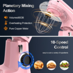 Stand Mixer, 6.5QT 10-Speed Tilt-Head Electric Stand Mixer, 3-In-1 Kitchen Mixer with Bowl, Dough Hook, Whisk and Beater, Food Mixer for Baking, Cake and Most Home Cooks, Pink - Image 3