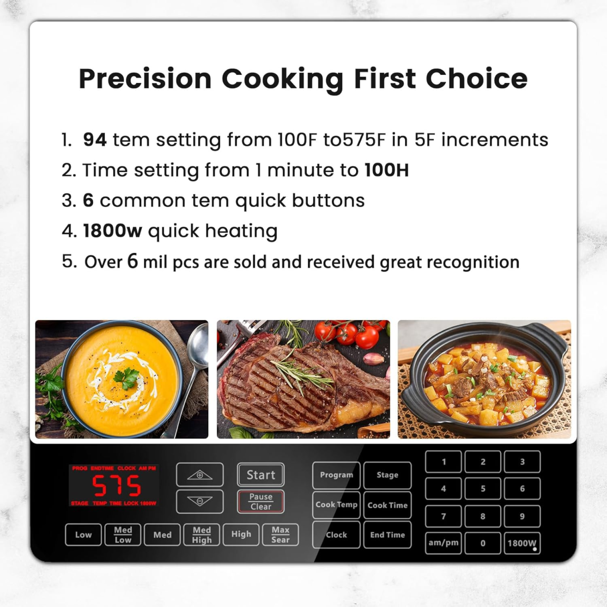PIC Double, Portable, Powerful 1800W with 2 Large 8” Heating Coils, Independent Controls, 94 Temp Settings from 100°F to 575°F in 5°F Increments, 11.5” Shatter-Proof Ceramic Glass Surface - Image 2