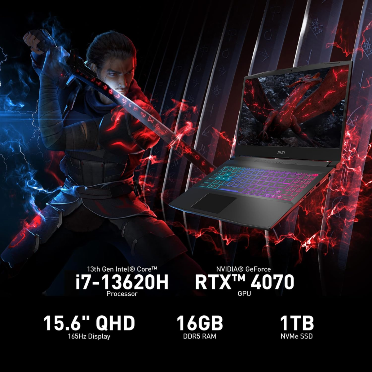 Katana 15 15.6” 165Hz QHD Gaming Laptop: Intel Core I7-13620H, NVIDIA Geforce RTX 4070, 16GB DDR5, 1TB Nvme SSD, Cooler Boost 5, Win 11: Black B13VGK-2000US - Image 2